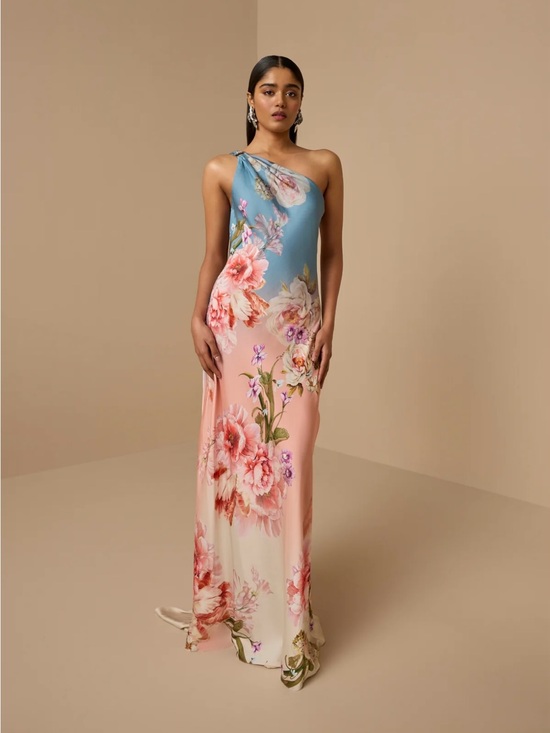 HEMANT & NANDITA Dresses & Skirts - HEMANT & NANDITA One-Shoulder Ombre Floral Gown in Blue and Pink